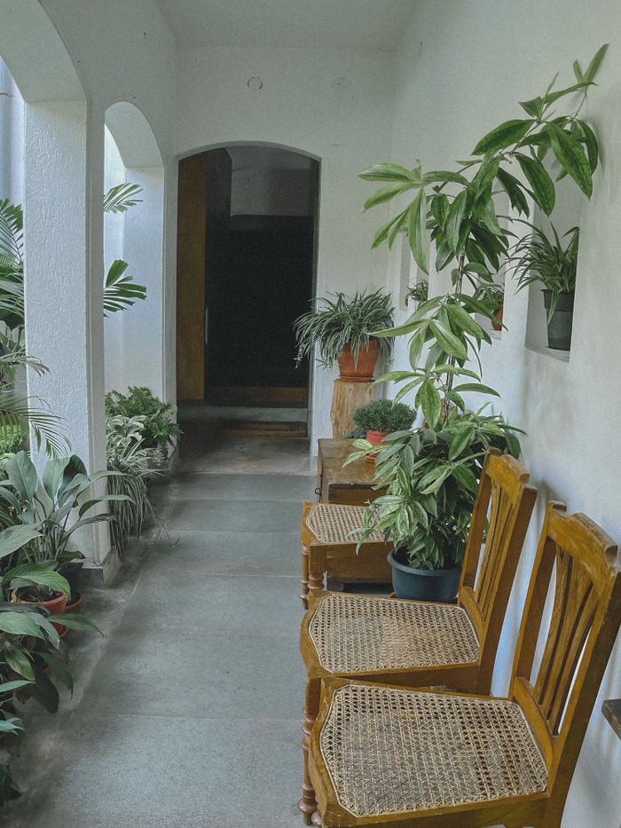 A serene porch in KL, India, showcasing wooden chairs and lush potted plants.